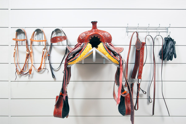 CrownWall<sup>&reg;</sup> Equestrian Kit. EQUEST-K. The perfect kit for organizing your equestrian equipment. Great for the needs of one horse, featuring a saddle hook, three bridle hooks, and the CrownWall® Coat Bracket, which features 10 hooks, great as an all purpose hook for reins, straps, and any other piece of equipment.