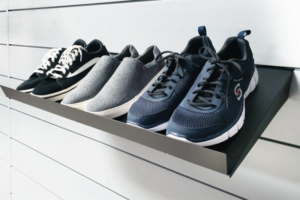 Solid Metal Shoe Rack. MSSHOE. This solid metal shoe rack is the perfect solution for organizing your footwear in a stylish manner. Comfortably holding 3 adult sized pairs of shoes, this solid metal show rack with it’s sleek black finish will compliment the CrownWall&reg; Solid metal shelves (MS2412 and MS4812).