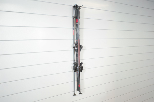 Ski Hook. SKIHK. Organize your skis and ski poles safely and conveniently with the CrownWall&reg; Ski Hook. Each ski hook can hold one pair of skis in the middle prongs of the hook, and the poles can be hung from the outer prongs. A great way to organize your skis, keep them off the ground, and keep them safe!